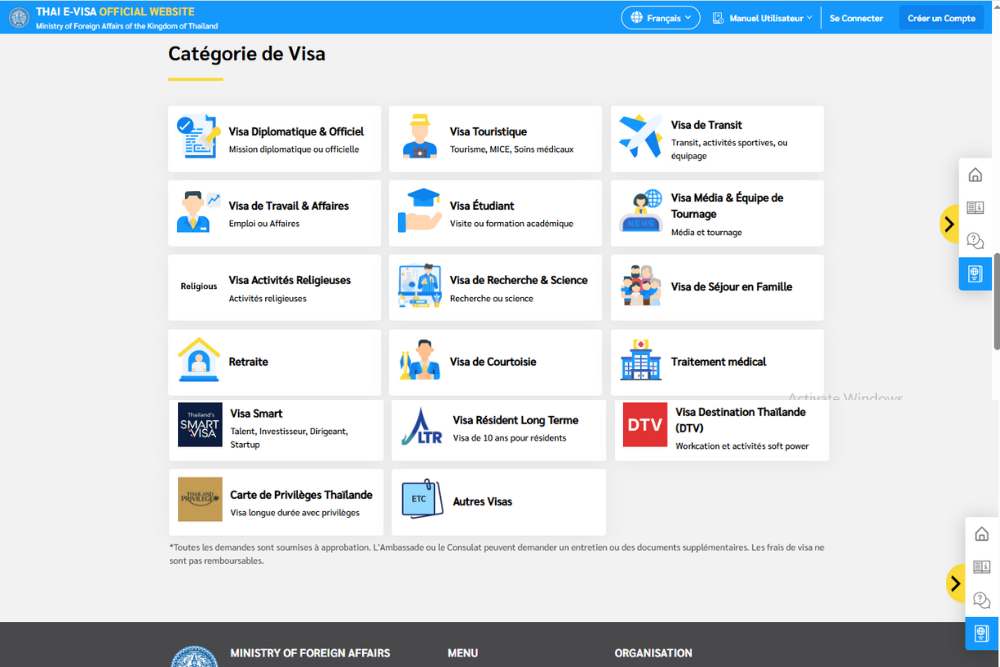 Interface du site Web du visa électronique thaïlandais